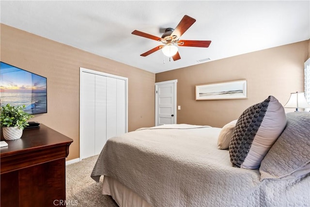 6222 Shawnee Rd, Westminster, CA 92683 - bedroom with light colored carpet, a closet, and ceiling fan