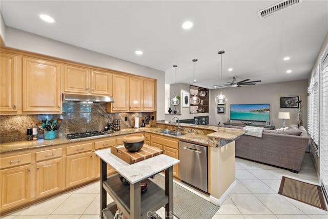 27 Birdie Ln, Coto De Caza, CA 92679 - kitchen with ceiling fan, light brown cabinets, stainless steel appliances, a peninsula, and under cabinet range hood