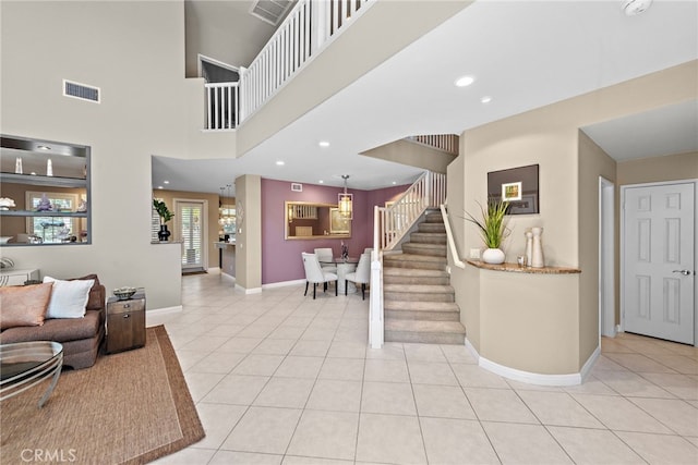 27 Birdie Ln, Coto De Caza, CA 92679 - living area featuring visible vents, stairs, light tile patterned floors, baseboards, and recessed lighting