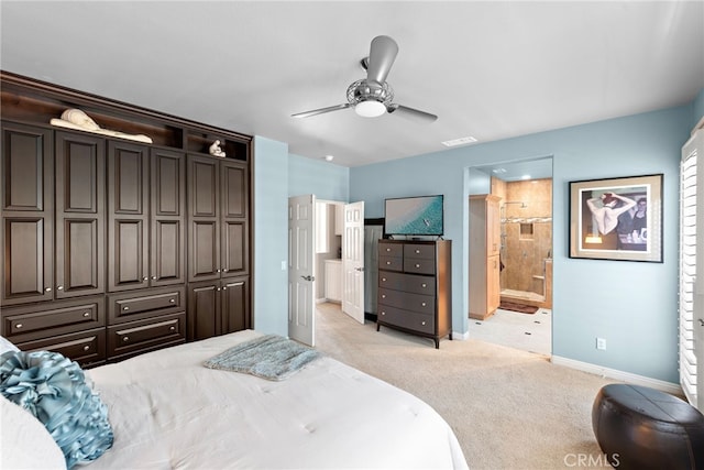 27 Birdie Ln, Coto De Caza, CA 92679 - bedroom featuring ceiling fan, light carpet, baseboards, visible vents, and a closet