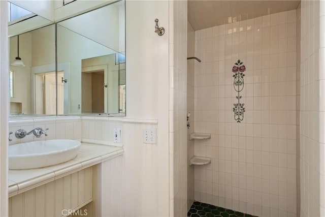 bathroom with a tile shower and a sink