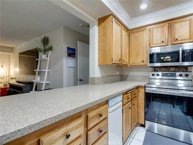 4142 E Mendez St Unit 331, Long Beach, CA 90815 - kitchen with appliances with stainless steel finishes, light tile patterned floors, light countertops, and crown molding