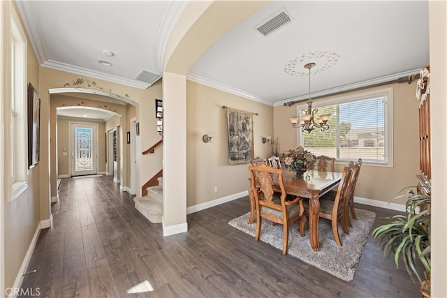 31768 Bottle Brush St, Winchester, CA 92596 - dining room with arched walkways, baseboards, visible vents, and ornamental molding