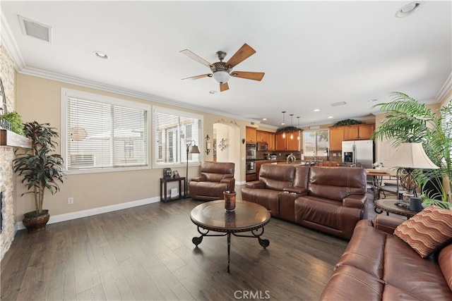 31768 Bottle Brush St, Winchester, CA 92596 - living area featuring crown molding, ceiling fan, baseboards, dark wood-type flooring, and visible vents
