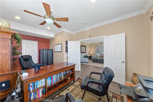 31768 Bottle Brush St, Winchester, CA 92596 - office with recessed lighting, ceiling fan, ornamental molding, and wood finished floors