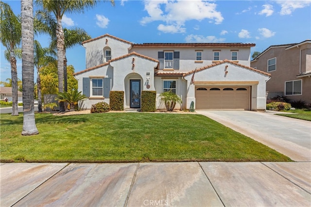 31768 Bottle Brush St, Winchester, CA 92596 - mediterranean / spanish house featuring an attached garage, a tile roof, stucco siding, a front yard, and concrete driveway