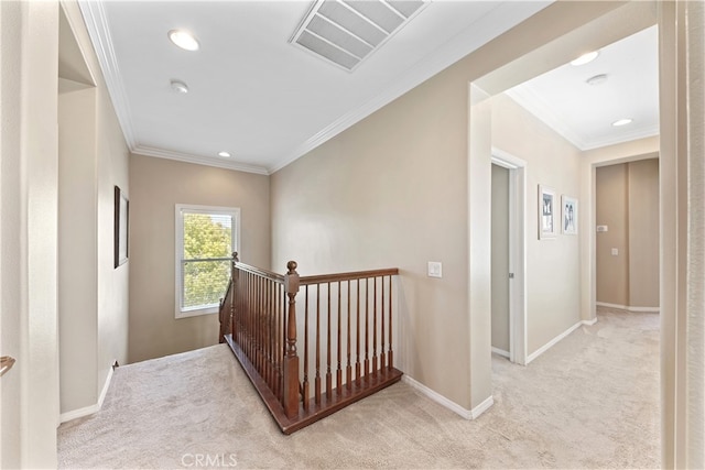 31768 Bottle Brush St, Winchester, CA 92596 - corridor featuring carpet, recessed lighting, an upstairs landing, visible vents, and ornamental molding