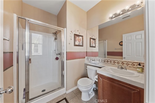 31768 Bottle Brush St, Winchester, CA 92596 - bathroom with tile patterned flooring, vanity, visible vents, toilet, and a shower stall
