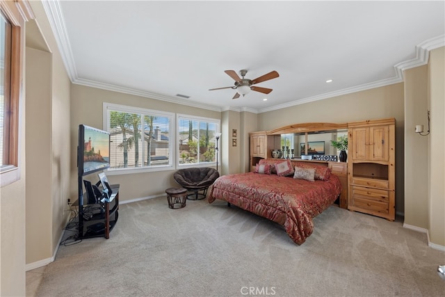 31768 Bottle Brush St, Winchester, CA 92596 - bedroom with baseboards, ornamental molding, visible vents, and light carpet