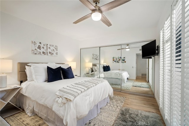 60 La Ronda Dr, Rancho Mirage, CA 92270 - bedroom featuring ceiling fan, a closet, light wood-style flooring, and visible vents