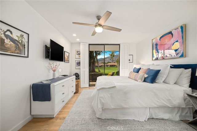 60 La Ronda Dr, Rancho Mirage, CA 92270 - bedroom featuring a ceiling fan, access to exterior, baseboards, light wood finished floors, and recessed lighting