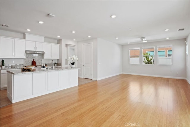 kitchen with a sink, backsplash, recessed lighting, under cabinet range hood, and visible vents