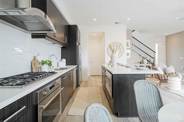 kitchen featuring light wood-type flooring, light countertops, a sink, exhaust hood, and stainless steel appliances