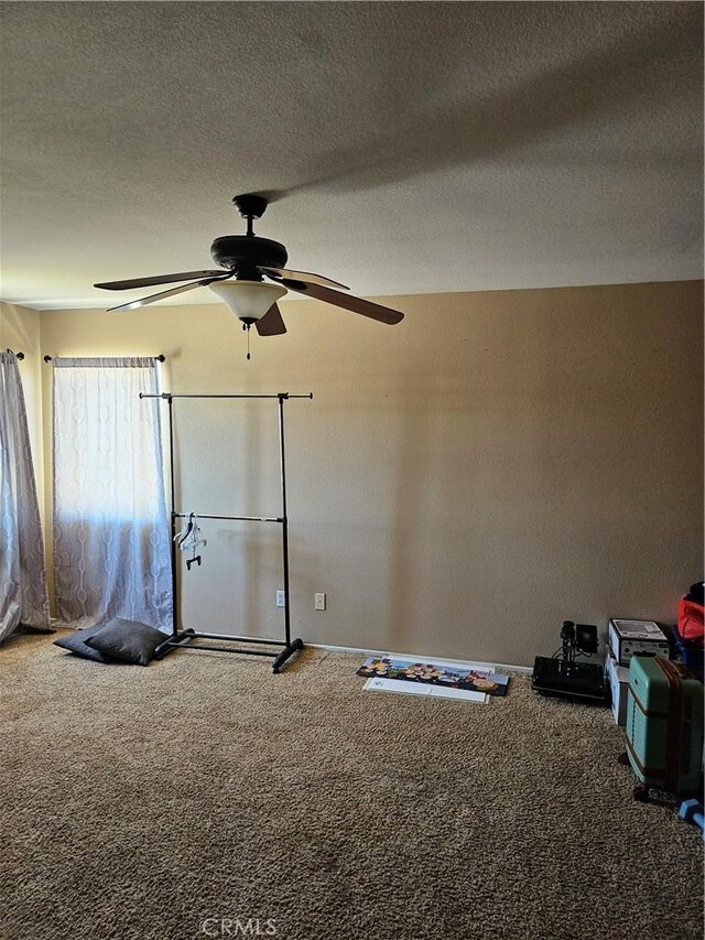 interior space with a ceiling fan, carpet, and a textured ceiling