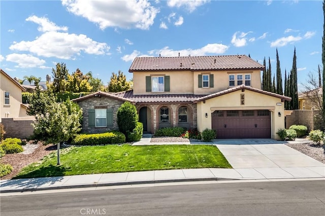 44557 Howell Mountain St, Temecula, CA 92592 - mediterranean / spanish house with a tile roof, stone siding, stucco siding, a front yard, and concrete driveway
