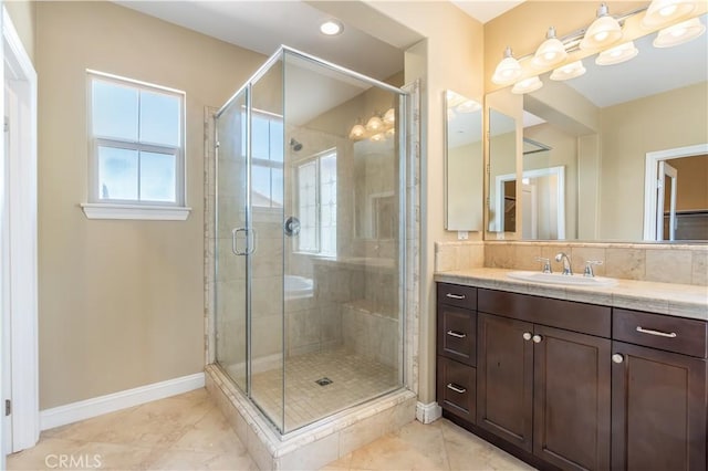 44557 Howell Mountain St, Temecula, CA 92592 - full bath featuring vanity, baseboards, tile patterned flooring, and a stall shower