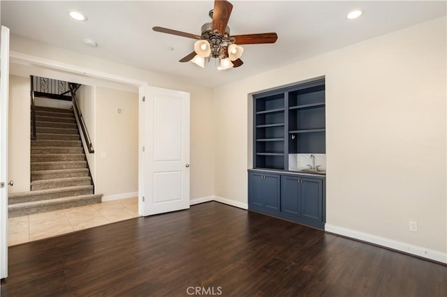 44557 Howell Mountain St, Temecula, CA 92592 - unfurnished living room featuring ceiling fan, stairs, recessed lighting, baseboards, and wood finished floors