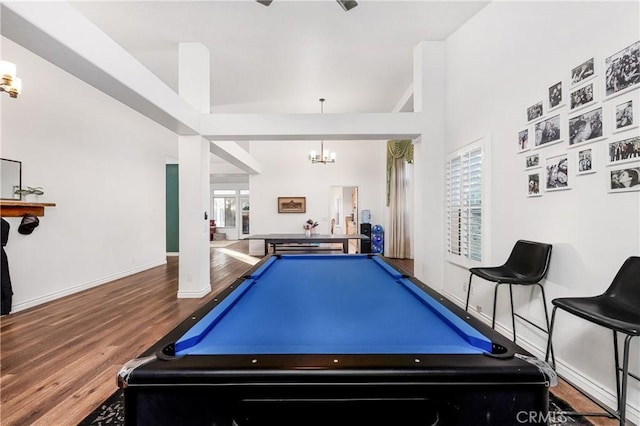 recreation room with baseboards, a chandelier, billiards, and wood finished floors