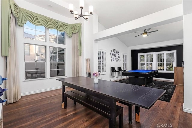 recreation room featuring billiards, vaulted ceiling, wood finished floors, baseboards, and ceiling fan with notable chandelier