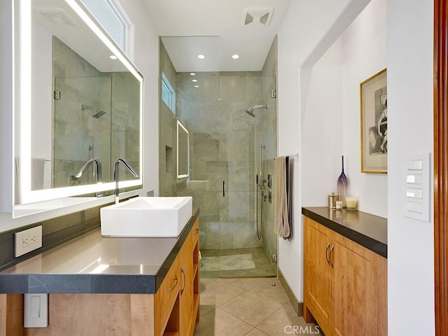 508 Lantern Crest Dr, Redlands, CA 92373 - full bath with vanity, tile patterned flooring, a shower stall, and recessed lighting