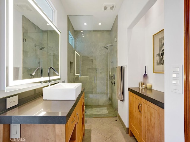 508 Lantern Crest Dr, Redlands, CA 92373 - bathroom with vanity, tile patterned flooring, a shower stall, and recessed lighting