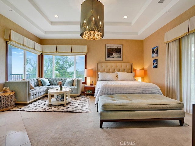 508 Lantern Crest Dr, Redlands, CA 92373 - tiled bedroom featuring multiple windows, a tray ceiling, and a notable chandelier