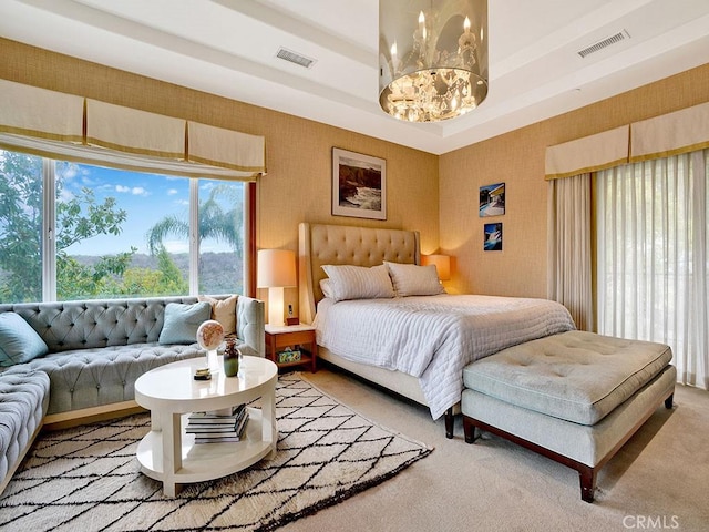 508 Lantern Crest Dr, Redlands, CA 92373 - bedroom featuring visible vents, multiple windows, and a notable chandelier