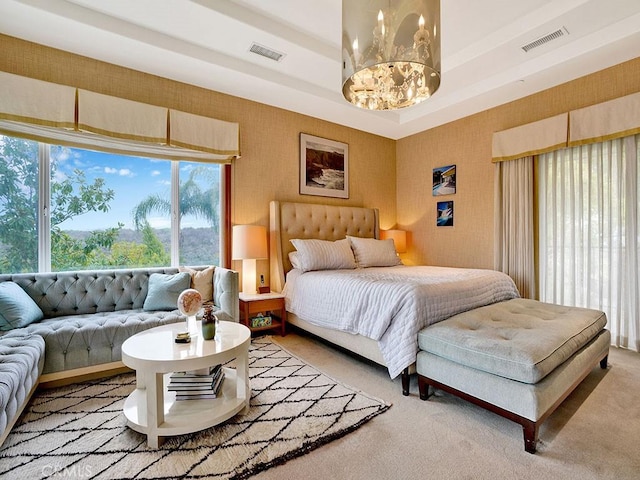 508 Lantern Crest Dr, Redlands, CA 92373 - bedroom with a chandelier, multiple windows, light colored carpet, and wallpapered walls