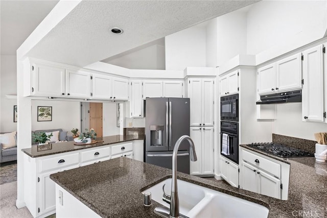 kitchen featuring a sink, dark stone counters, black appliances, and under cabinet range hood
