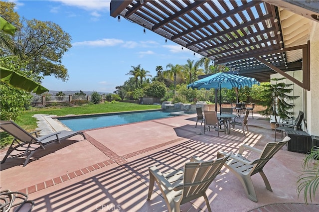 exterior space with a patio, fence, and a pergola