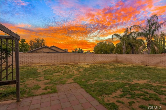 yard at dusk with a fenced backyard and a patio area