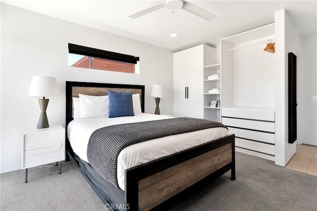 64172 Hollinger Rd, Joshua Tree, CA 92252 - bedroom with light carpet, ceiling fan, and recessed lighting