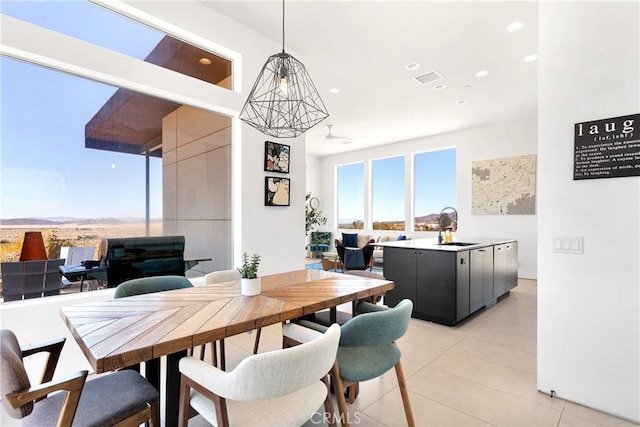 dining room with recessed lighting, a ceiling fan, light tile patterned floors, and visible vents