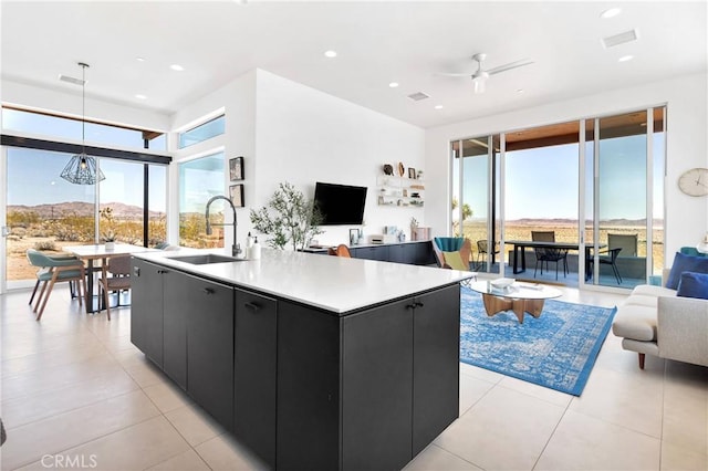 64172 Hollinger Rd, Joshua Tree, CA 92252 - kitchen with a sink, open floor plan, dark cabinetry, a kitchen island with sink, and light tile patterned floors