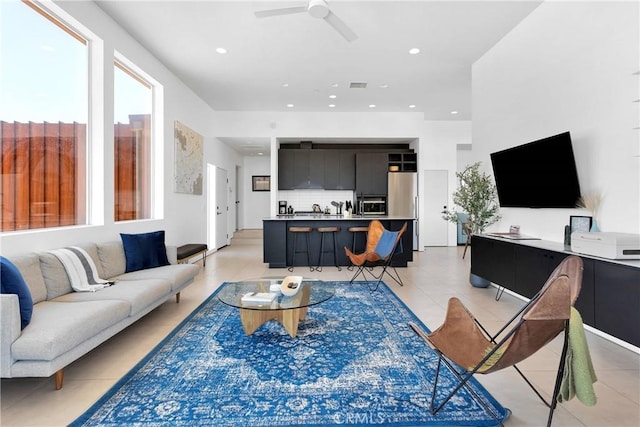 64172 Hollinger Rd, Joshua Tree, CA 92252 - living room featuring light tile patterned floors, plenty of natural light, ceiling fan, and recessed lighting