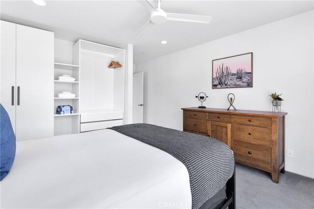 bedroom with recessed lighting, carpet flooring, and a ceiling fan