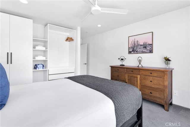 64172 Hollinger Rd, Joshua Tree, CA 92252 - bedroom featuring light colored carpet, recessed lighting, and a ceiling fan
