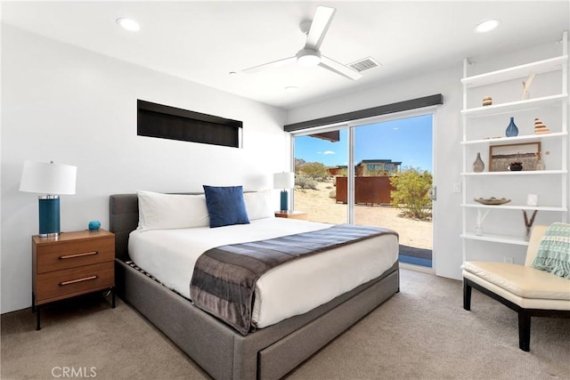 64172 Hollinger Rd, Joshua Tree, CA 92252 - bedroom with access to outside, light colored carpet, a ceiling fan, and recessed lighting