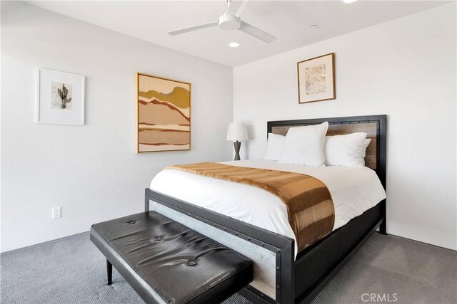 bedroom featuring carpet floors, a ceiling fan, and recessed lighting