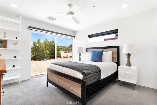 bedroom featuring visible vents, recessed lighting, ceiling fan, and access to exterior