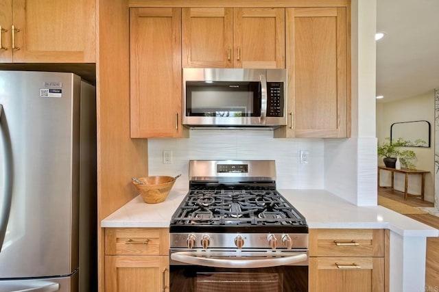 kitchen featuring light countertops, tasteful backsplash, and stainless steel appliances