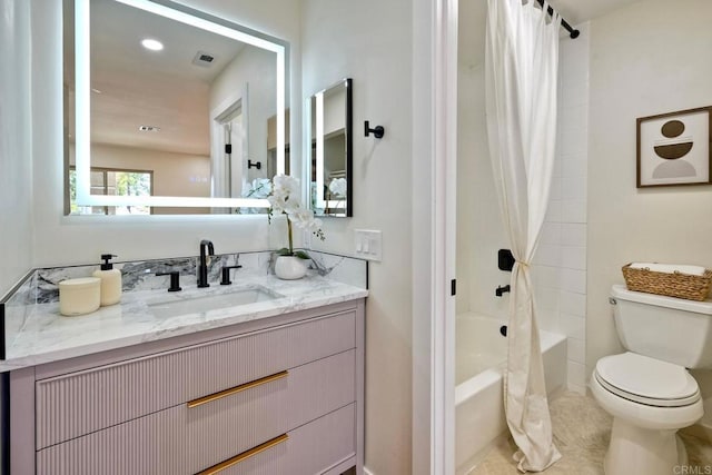 bathroom with tile patterned flooring, vanity, toilet, shower / bathtub combination with curtain, and visible vents