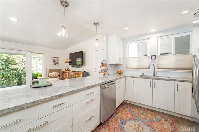 76 Calle Aragon Unit Q, Laguna Woods, CA 92637 - kitchen with a sink, dishwasher, plenty of natural light, white cabinets, and ornamental molding