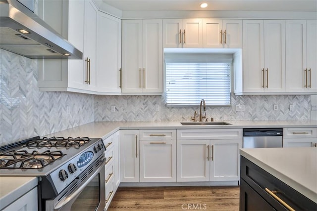 kitchen with a sink, white cabinets, stainless steel appliances, and under cabinet range hood