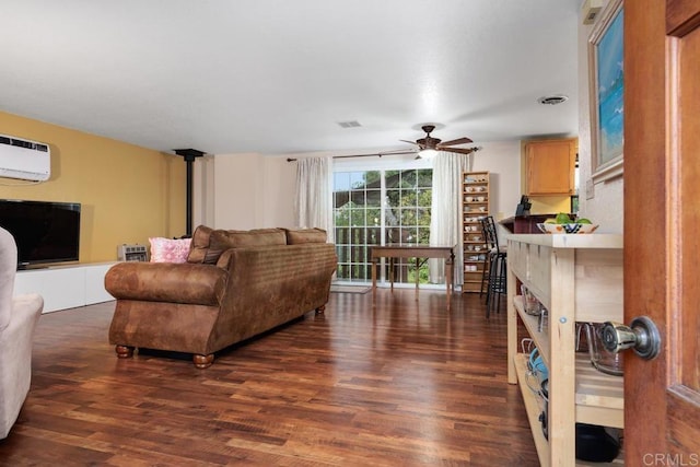 1704 Winterwarm Dr, Fallbrook, CA 92028 - living room with wood finished floors, a ceiling fan, and a wall mounted AC