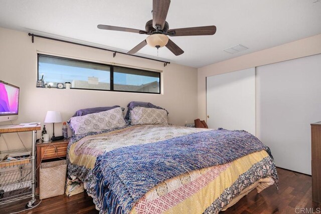 1704 Winterwarm Dr, Fallbrook, CA 92028 - bedroom featuring wood finished floors, a closet, and ceiling fan