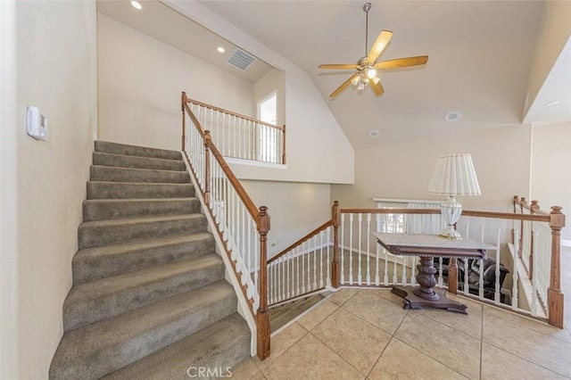 30840 Badger Ct, Coarsegold, CA 93614 - stairs with ceiling fan, tile patterned floors, high vaulted ceiling, recessed lighting, and visible vents
