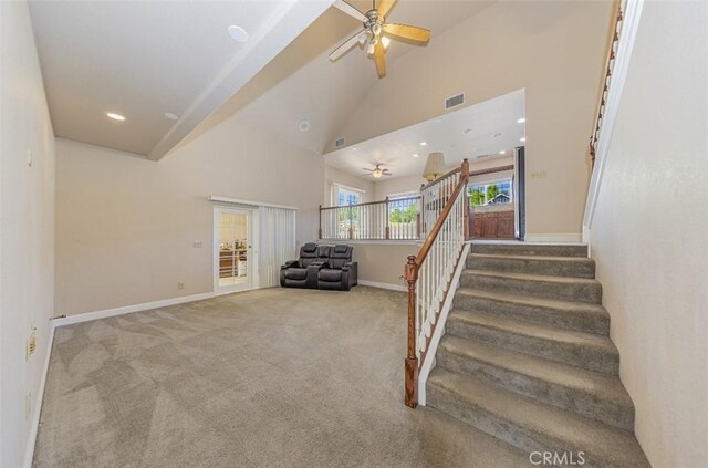 30840 Badger Ct, Coarsegold, CA 93614 - stairs featuring carpet floors, a ceiling fan, baseboards, and visible vents
