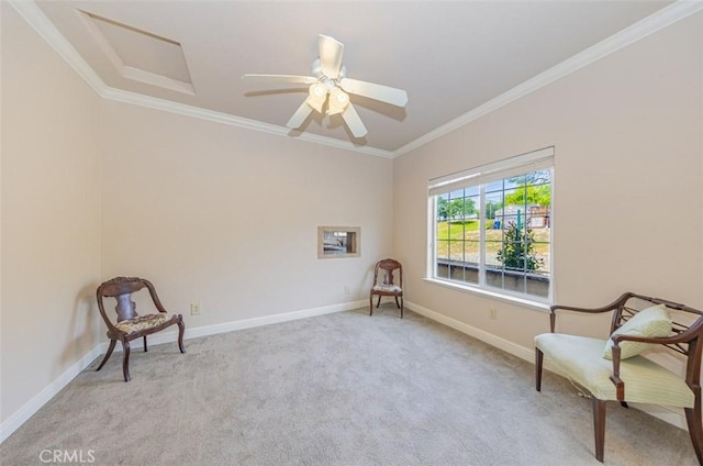 30840 Badger Ct, Coarsegold, CA 93614 - living area featuring baseboards, ornamental molding, carpet, and a ceiling fan