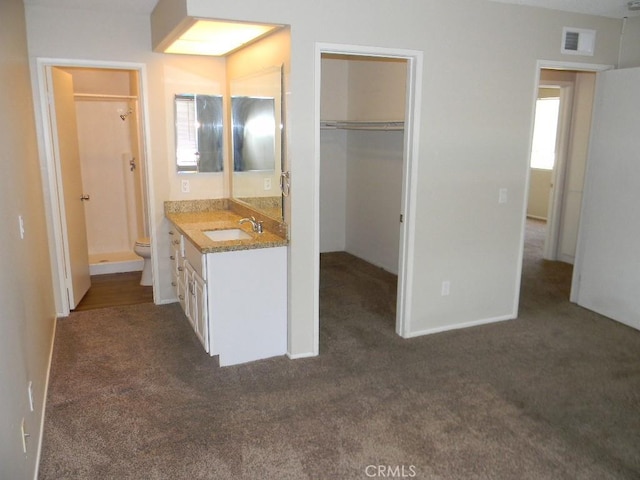 6045 Promontory Ln, Riverside, CA 92506 - carpeted bedroom with a walk in closet, visible vents, a sink, a closet, and connected bathroom